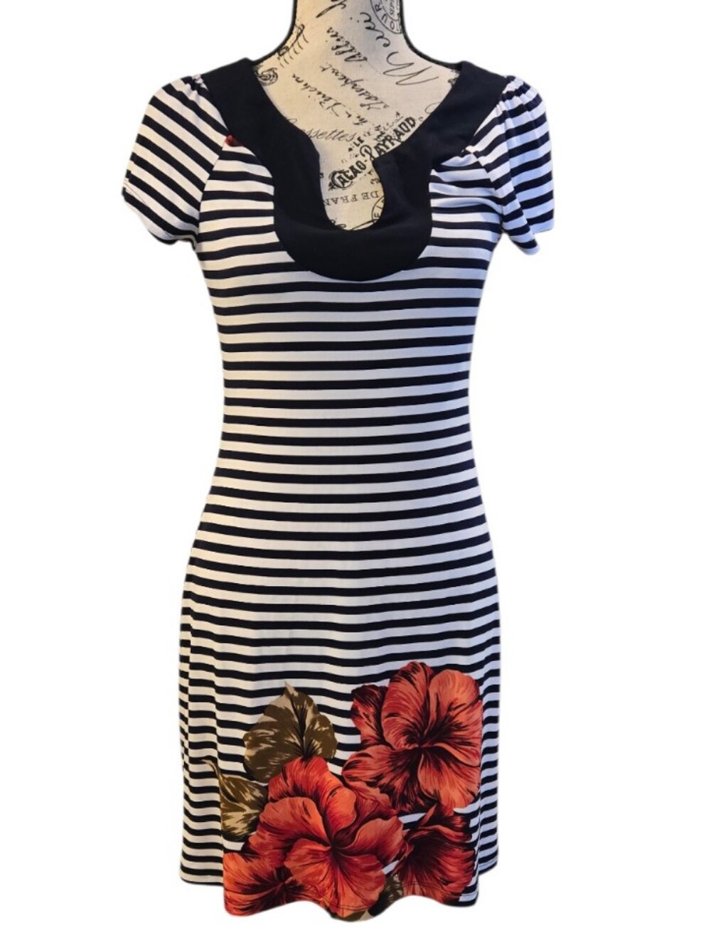 Sweet Storm Sz M Navy Blue and White Striped Mini Dress with Red Floral Accent
